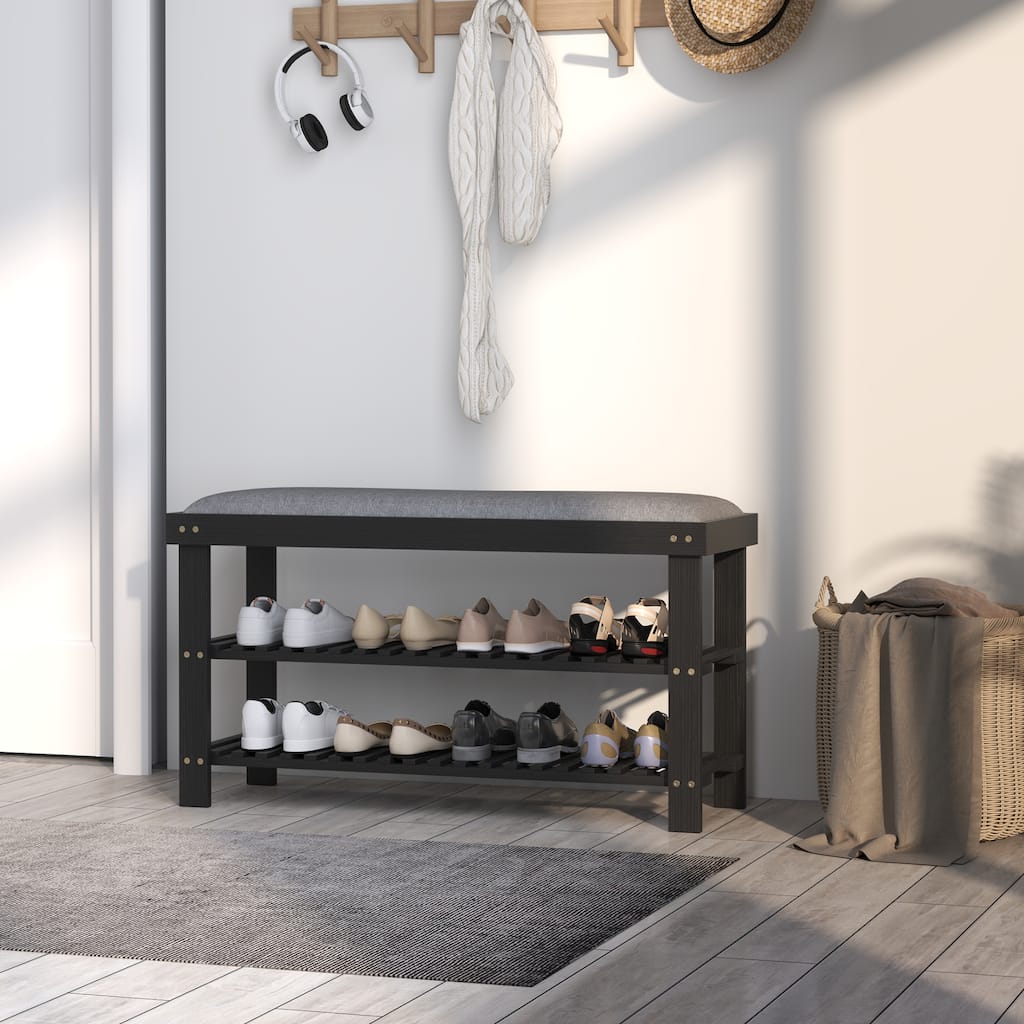 Linen Fabric Padded Shoe Bench with Storage Shelf and Seating for Bedroom Entryway, or Living Room - 35.4" W x 11.4" D x 19.3" H