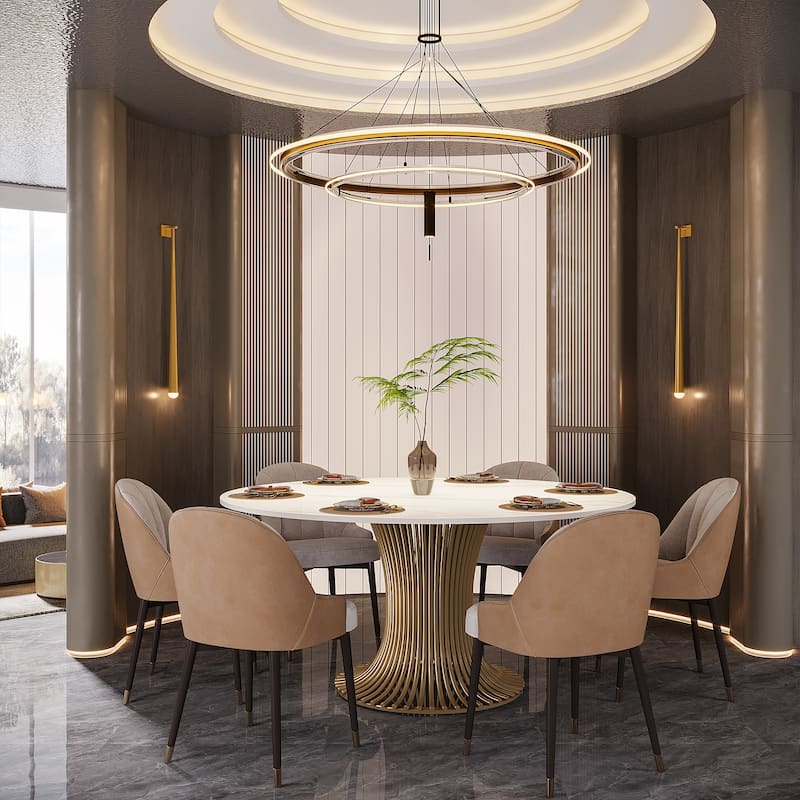 59" Modern Sintered Stone Round Dining Table for 6-8 People ,Gold Pedestal Kitchen Table - 59"D