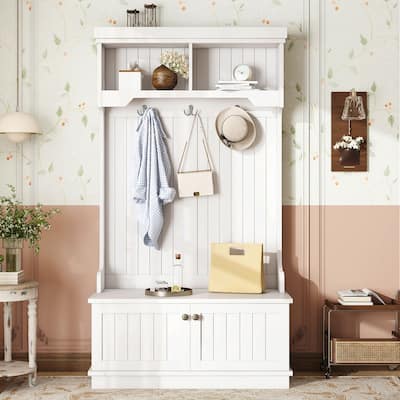 GDFStudio - Cherry Hall Tree with Shoe Bench, Coat Hooks and Display Shelves - 4-in-1 Entryway Organizer