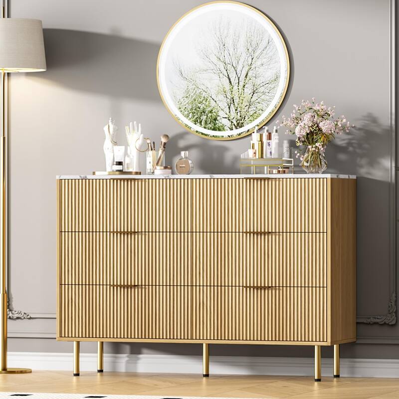 6 Drawer Fluted Dresser for Bedroom, Modern Wooden Storage Chest with Gold Handles - Natural