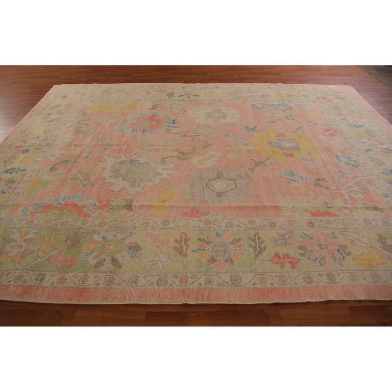 Hand Knotted Oriental 100% Wool Carpet Transitional All-Over Coral Oushak Area Rug - 12' 2'' X 9' 0''
