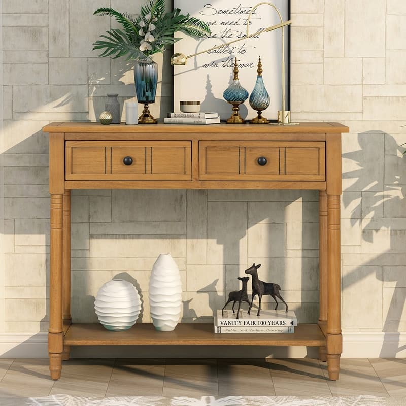 Narrow Console Table, Traditional Pine Wood Design with 2 Drawers and Bottom Shelf for Living Spaces - Natural