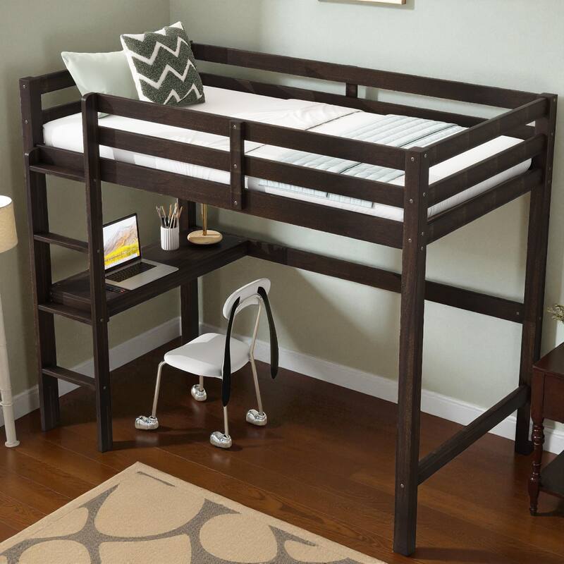 Twin Size Wooden High Loft Bed with Built-in Desk and Ladder, Solid Rubber Wood Loft Bed with Safety Guardrails