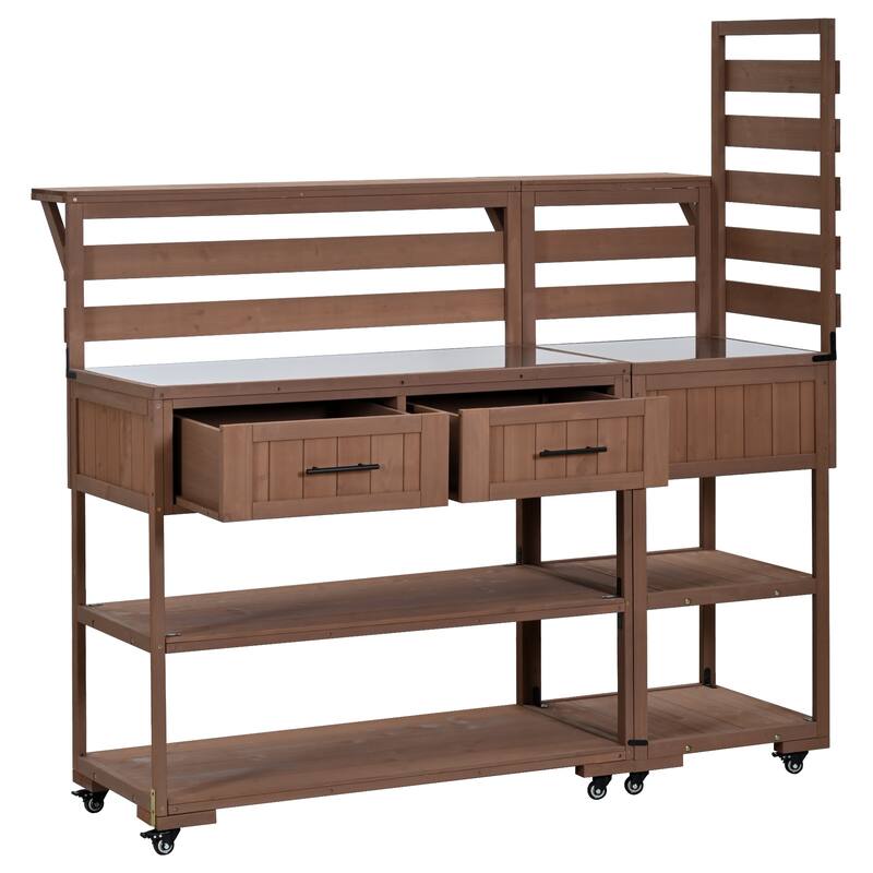 Solid Wood 62.3'' Patio Kitchen Island Kitchen Cart with Stainless Table Top, Garden Potting Bench with Raised Shelf and Drawers - Brown