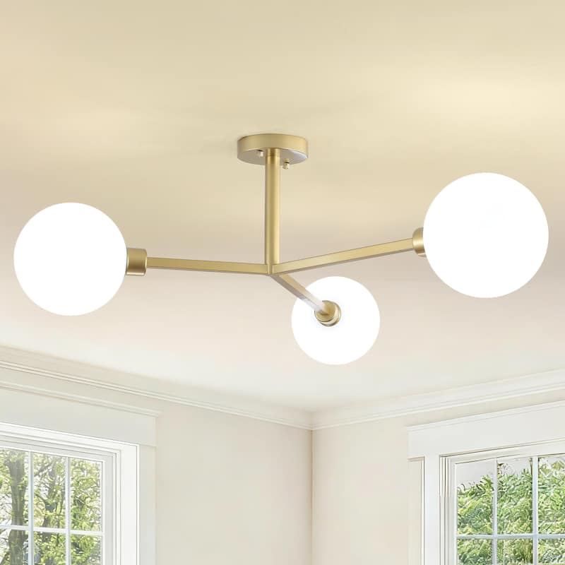 3-Light Semi Flush Mount Ceiling Light with Frosted Glass Shade - Brushed Gold
