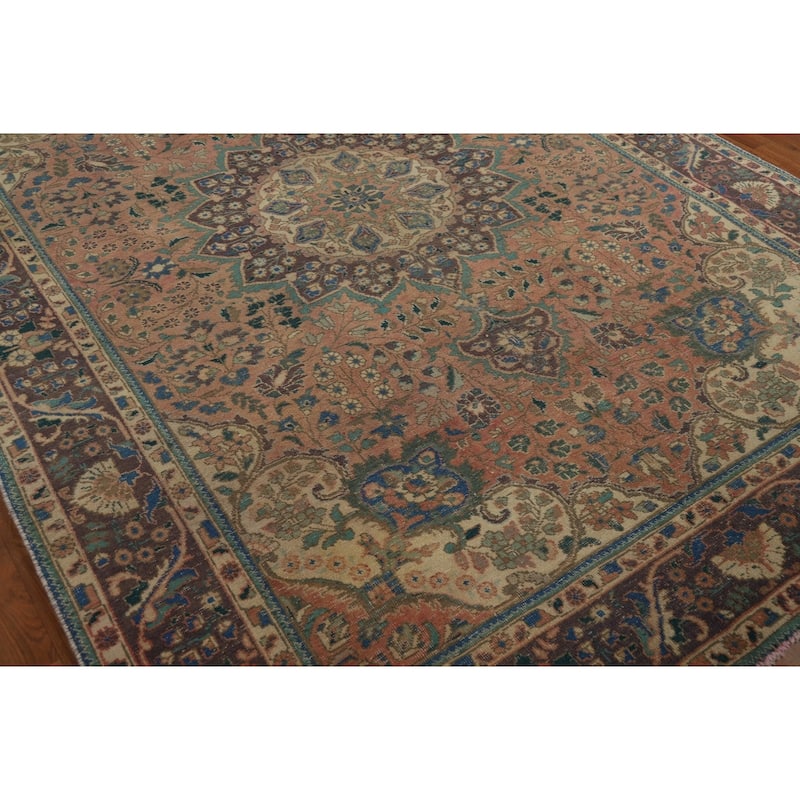 Medallion Tabriz Persian Vintage Rug Hand-Knotted Pink Wool Carpet - 6'10" x 9'8"