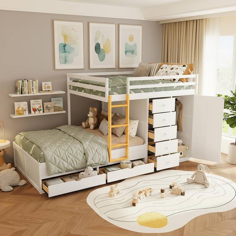 Full Size Bunk Bed with Built-in Drawers, Wardrobe & Ladder by Harper&Bright Designs - White