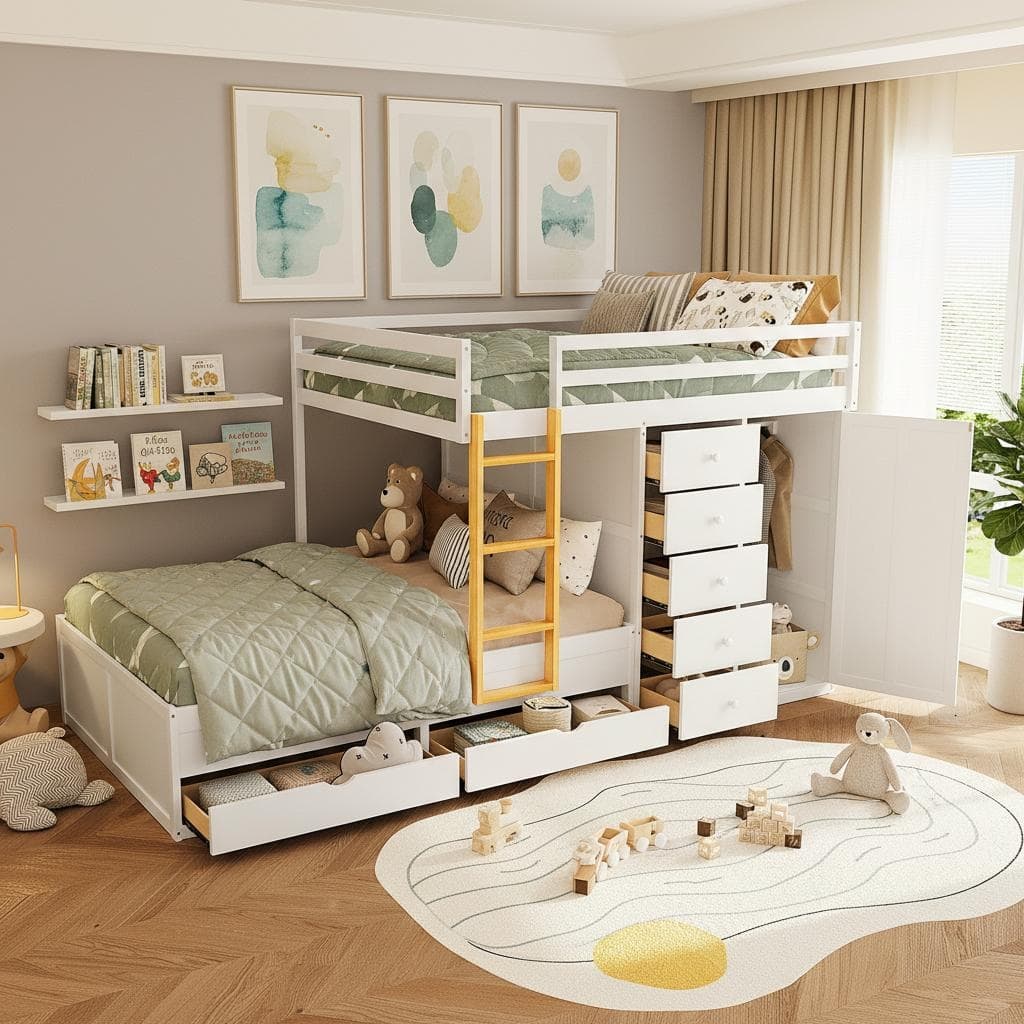 Full Size Bunk Bed with Built-in Drawers, Wardrobe & Ladder by Harper&Bright Designs
