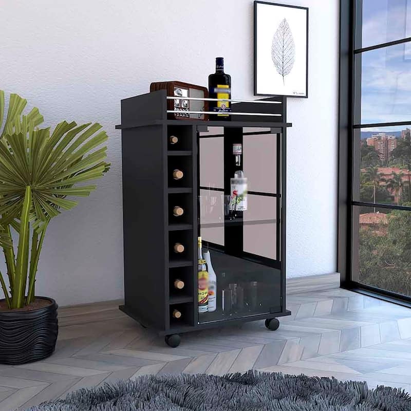 Bar Cart Baltimore With Six Wine Cubbies And Glass Door - Black