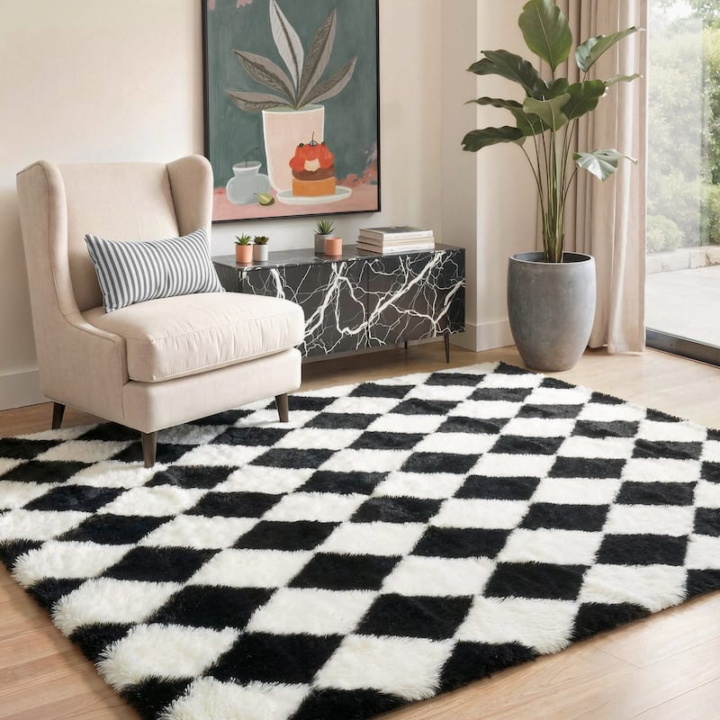Mcow Diamond Check Collection High-Pile Machine-Washable Area Rug