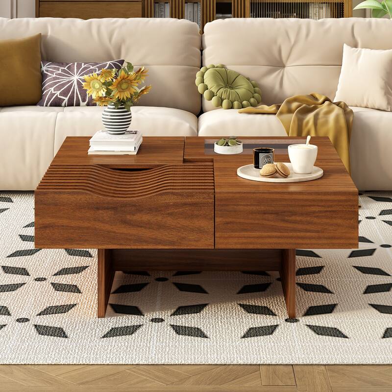 Mid Century Coffee Table with 3 Drawers, 33" Square Wooden Center Table Tea Table with Solid Wood Legs for Living Room