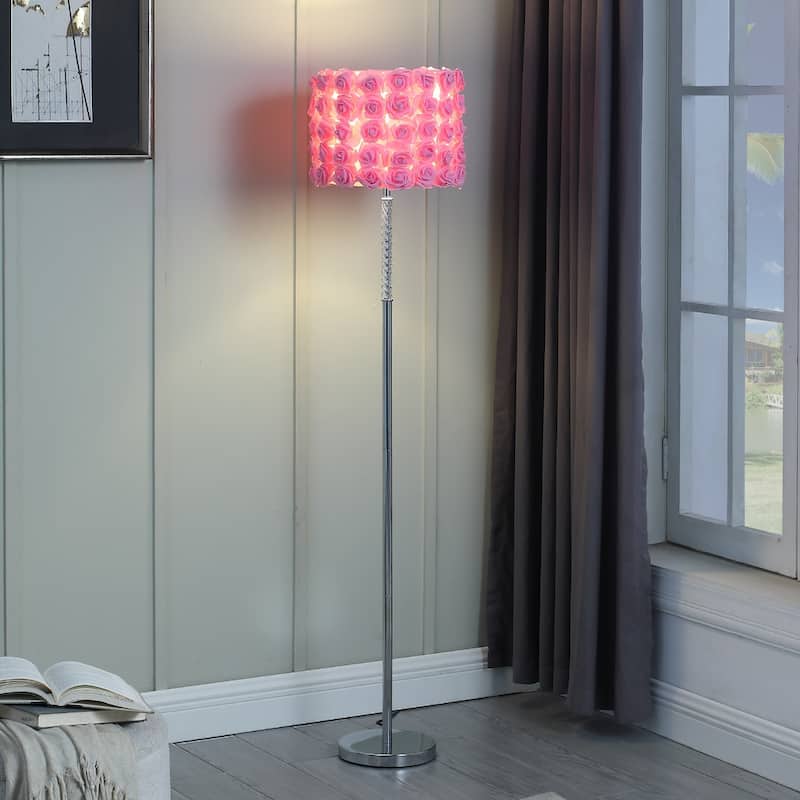 Silver Steel Novelty Floor Lamp with Rose Drum Shade and In Line Switch - 14” x 14” x 63” (D x W x H)