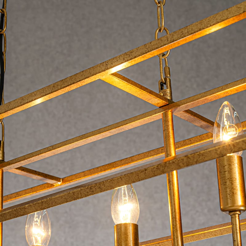CraftHome 6-Light 39'' Antique Gold Modern Candle Linear Chandelier Rectangle Industrial Dining Room Kitchen Island - W39''