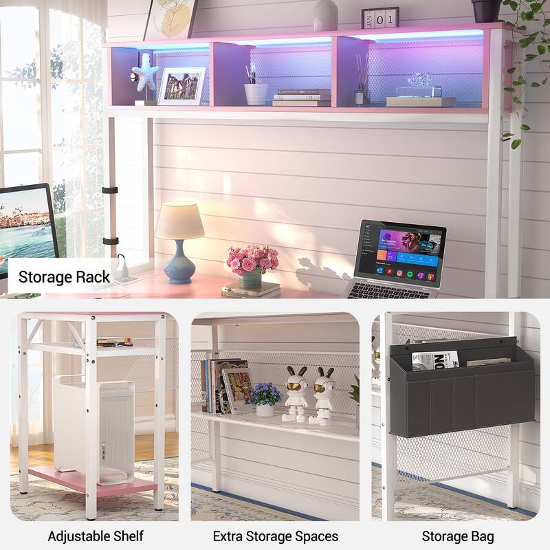 Reversible L-shaped Computer Desk with Storage Shelves and LED Strip and Power Outlets,Corner Desk Gaming Table