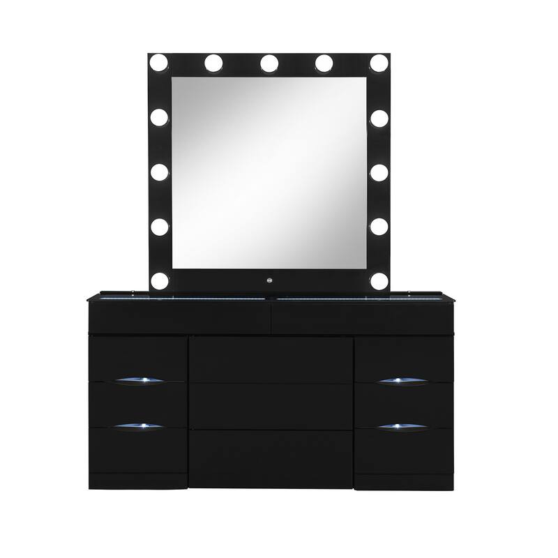 HomeRoots 62" Black Wood And Glass Six Drawer Vanity Table With Mirror Seating And Lights