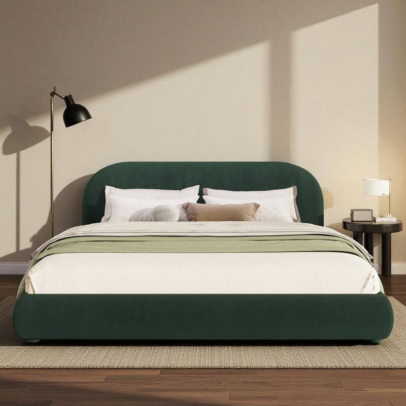 Modern Fabric Upholstered Bed with Curved Headboard, Strong Metal Frame, Queen/King Size Platform Bed - Cream - King