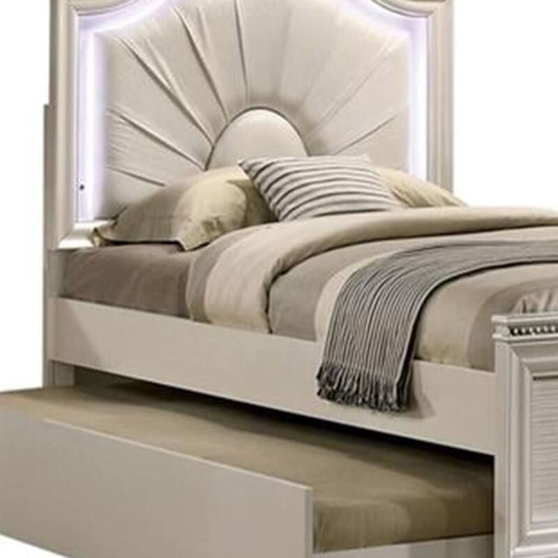 Jisoo Twin Size Bed, Pearl White Upholstery, Radial Arch Headboard