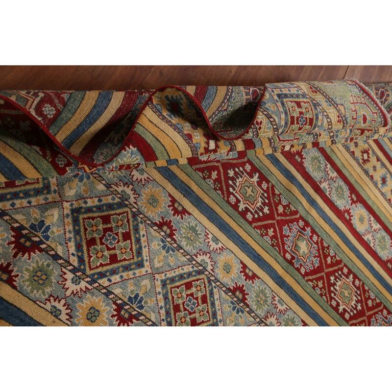 Striped Kazak Geometric Area Rug Wool Carpet - 9'10" x 12'9"