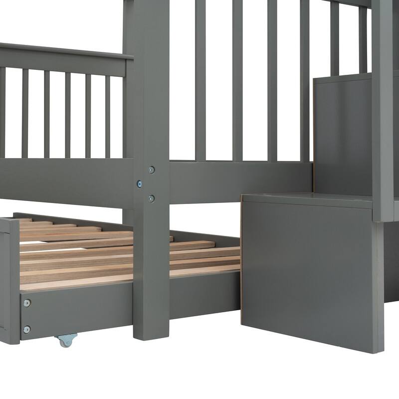 Stairway Full-Over-Full Bunk Bed with Twin size Trundle, Storage and Guard Rail for Bedroom, Dorm