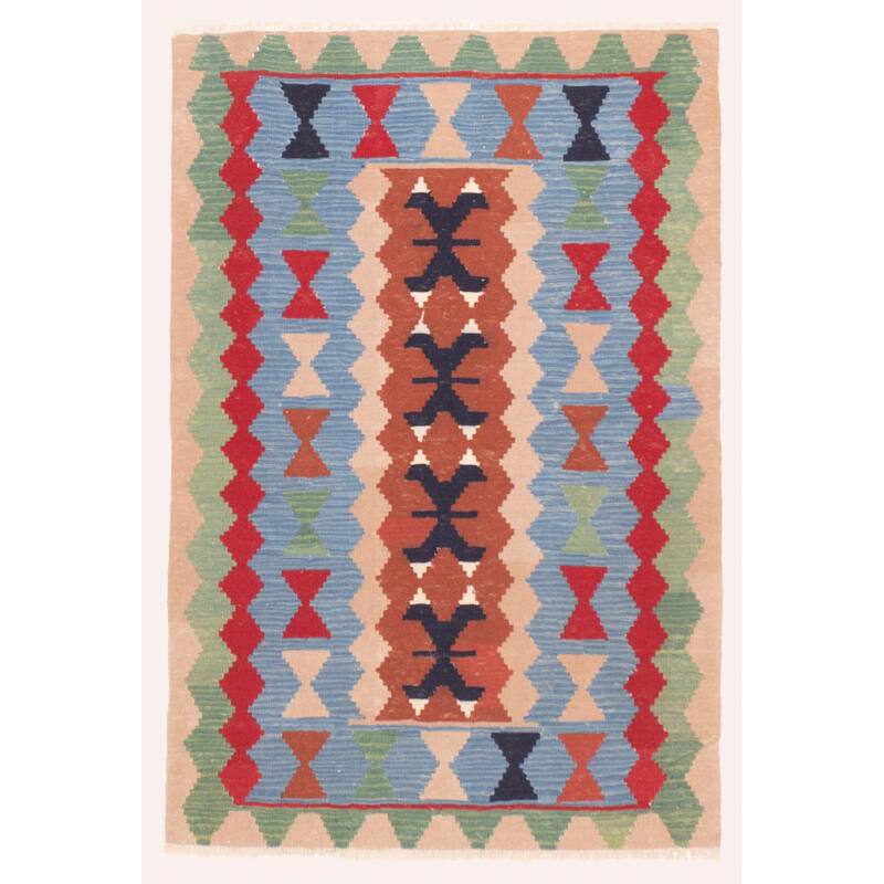ECARPETGALLERY Flat-Weave Bold and Colorful Sky Blue Wool Kilim - 3'9 x 5'8
