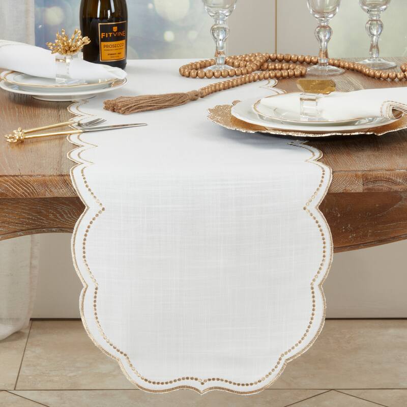 Embroidered Polka Dot Table Runner With Scallop Edge