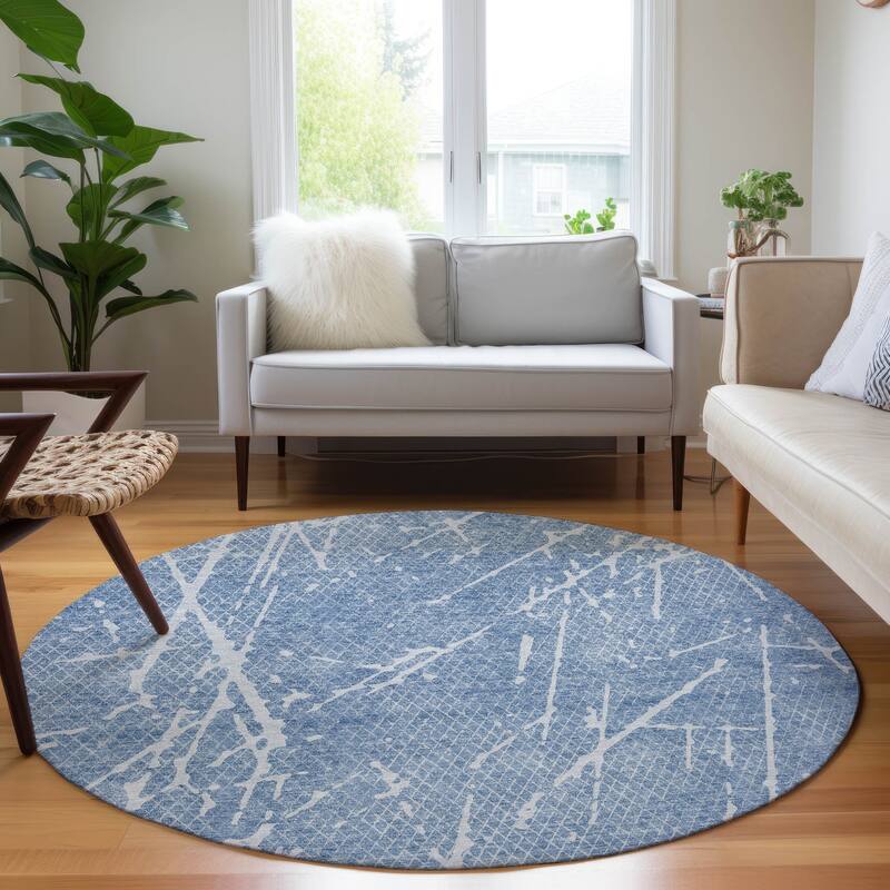 Machine Washable Indoor/ Outdoor Chantille Contemporary Crackle Rug - Blue - 8' x 8'