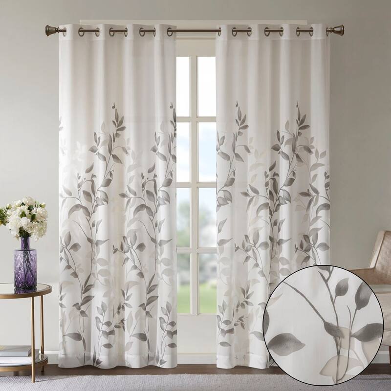 Rossetta Modern contemporary Semi-sheer base fabric botanical print burnout curtain, Only 1 Piece Panel - 50"W x 84"L