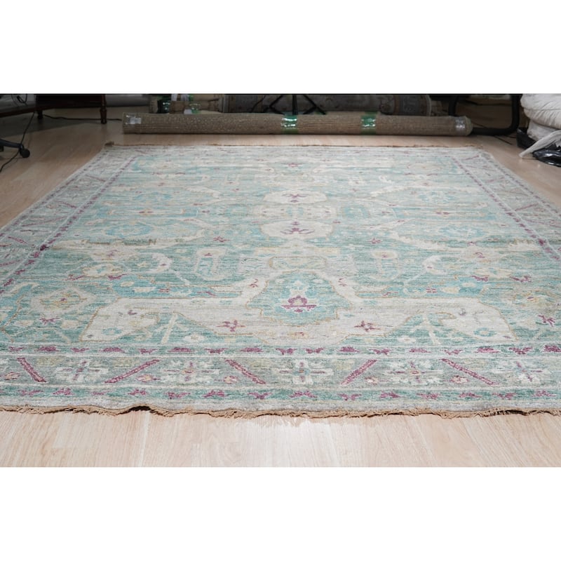Hand-Knotted Natural Silk Green /Duck Green Classic Floral Natural Silk Oushak Rug
