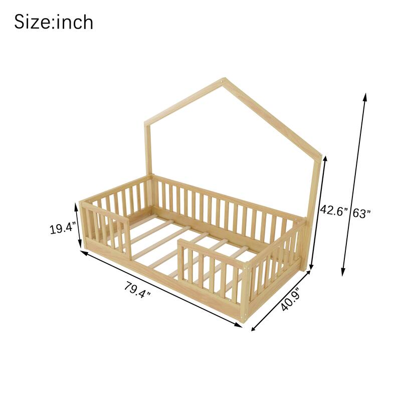 Wood Floor Bed with High Guardrails and LED Light, Montessori Style Low Profile Bed for Kids