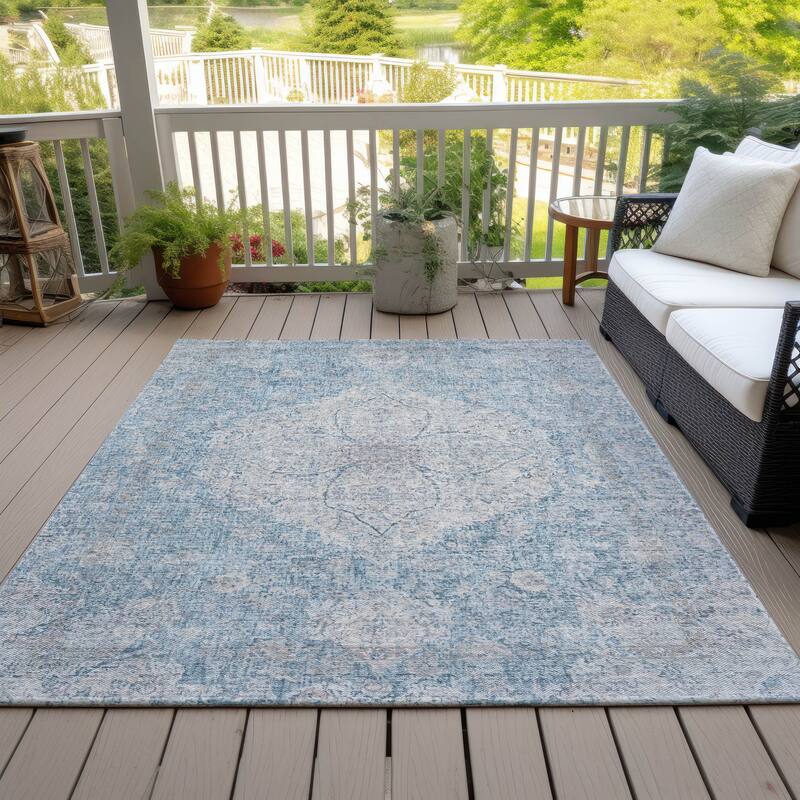 Machine Washable Indoor/Outdoor Traditional Global Chantille Rug - Denim - 3' x 5'