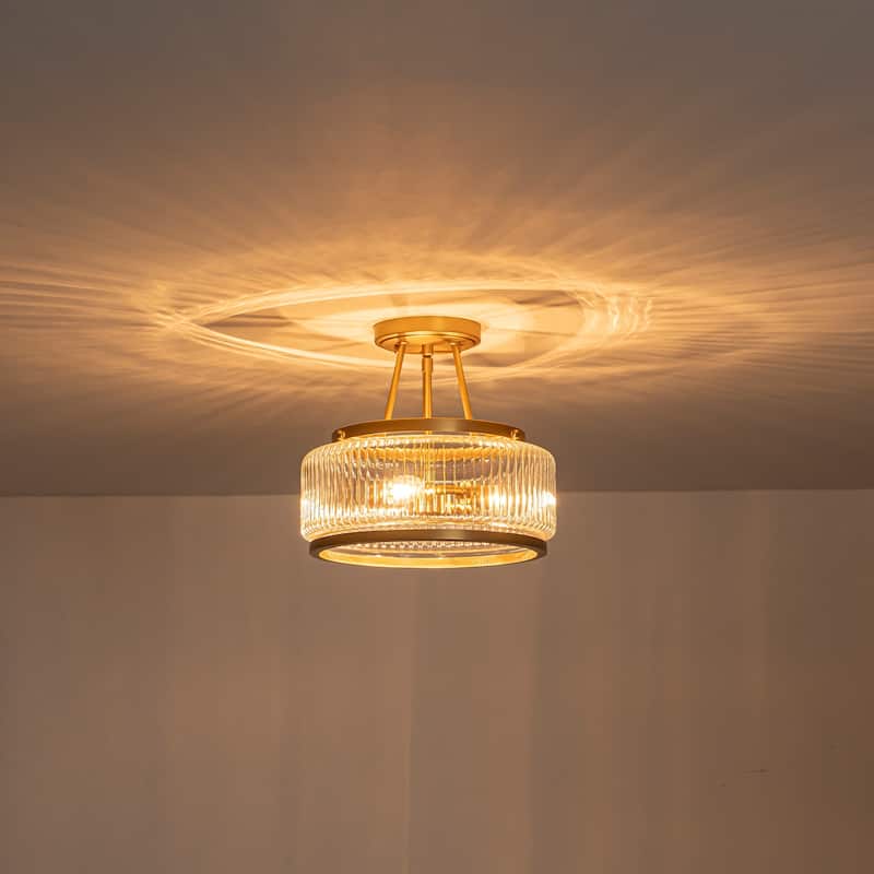 3-Light Industrial-style Black/Gold Lantern Glass Semi Flush Mount