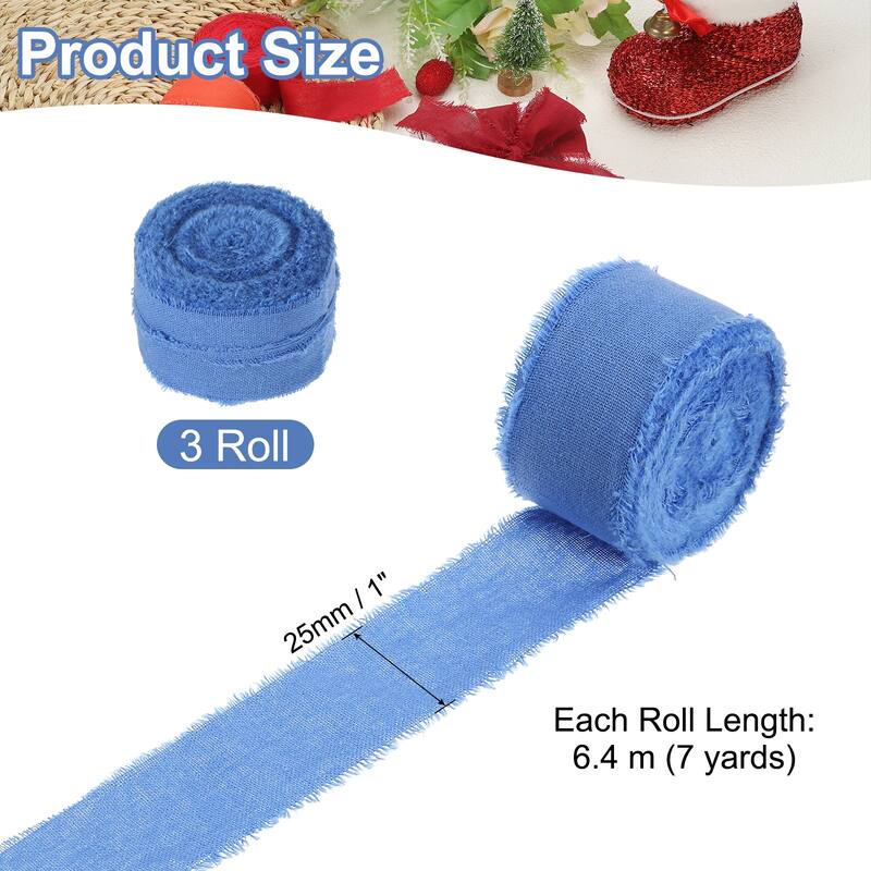 3Roll Cotton Handmade Fringe Ribbon 1"x21Yd Frayed Fringe Ribbons - 7Yd - Haze Blue