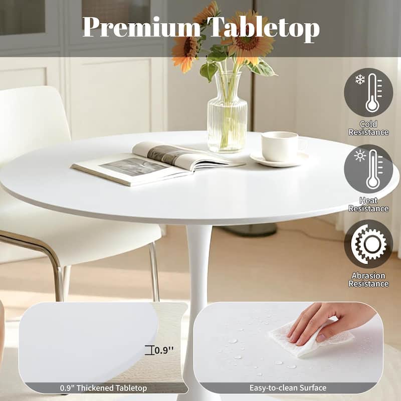 White Round Dining Table, Equipped with an elegant tulip-shaped metal base and a 31.5-inch medium-density fiberboard tabletop