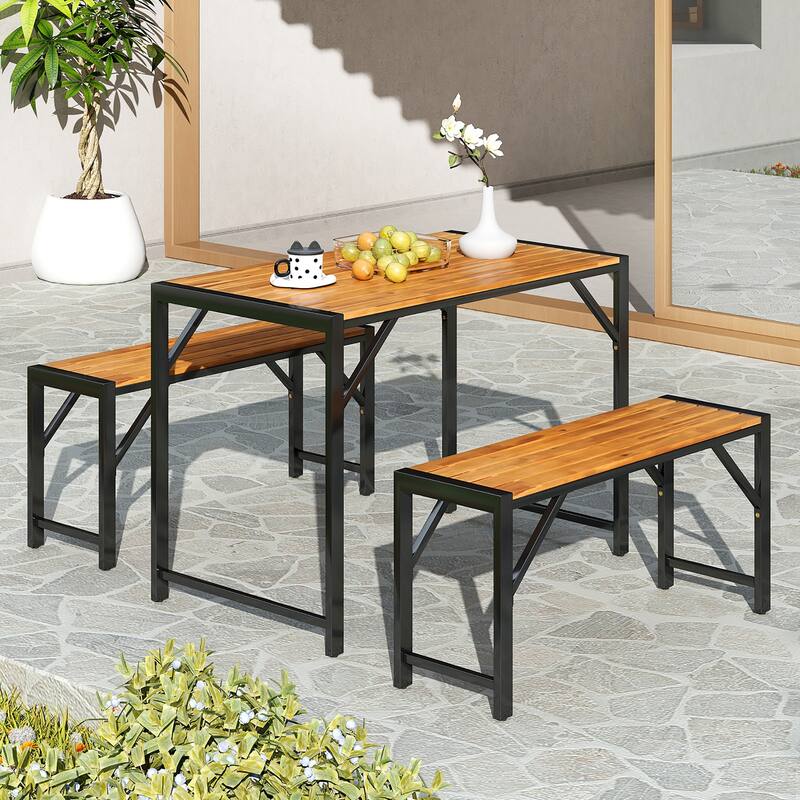 Gymax 3 PCS Dining Set for 4 People Outdoor Picnic Table & 2 Benches