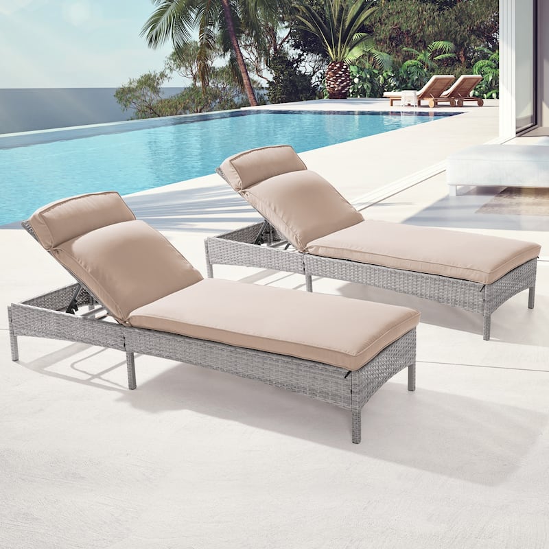 BONOSUKI 2Pcs Outdoor Lounge Chaise Rattan Chair Weather-Resistant - Beige