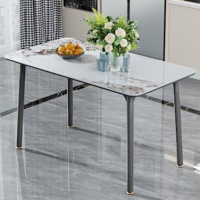 Minimalist Dining Table with Rectangular Sintered Stone and Tempered Glass Tabletop, Big Robust Aluminum Legs