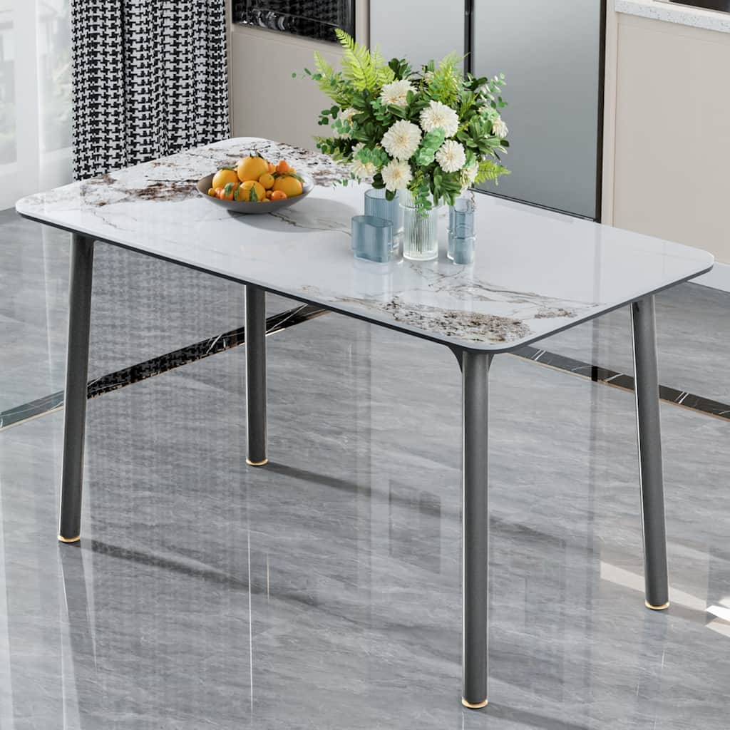 Minimalist Dining Table with Rectangular Sintered Stone and Tempered Glass Tabletop, Big Robust Aluminum Legs
