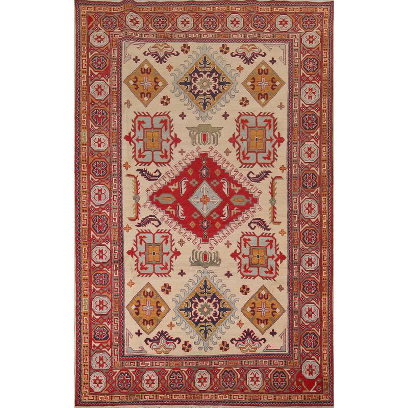 Hand Knotted Oriental 100% Wool Carpet Traditional Geometric Yellow & Gold Kazak Area Rug - 9' 8'' X 6' 5''