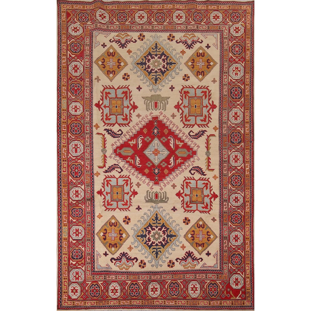 Hand Knotted Oriental 100% Wool Carpet Traditional Geometric Yellow & Gold Kazak Area Rug - 9' 8'' X 6' 5''