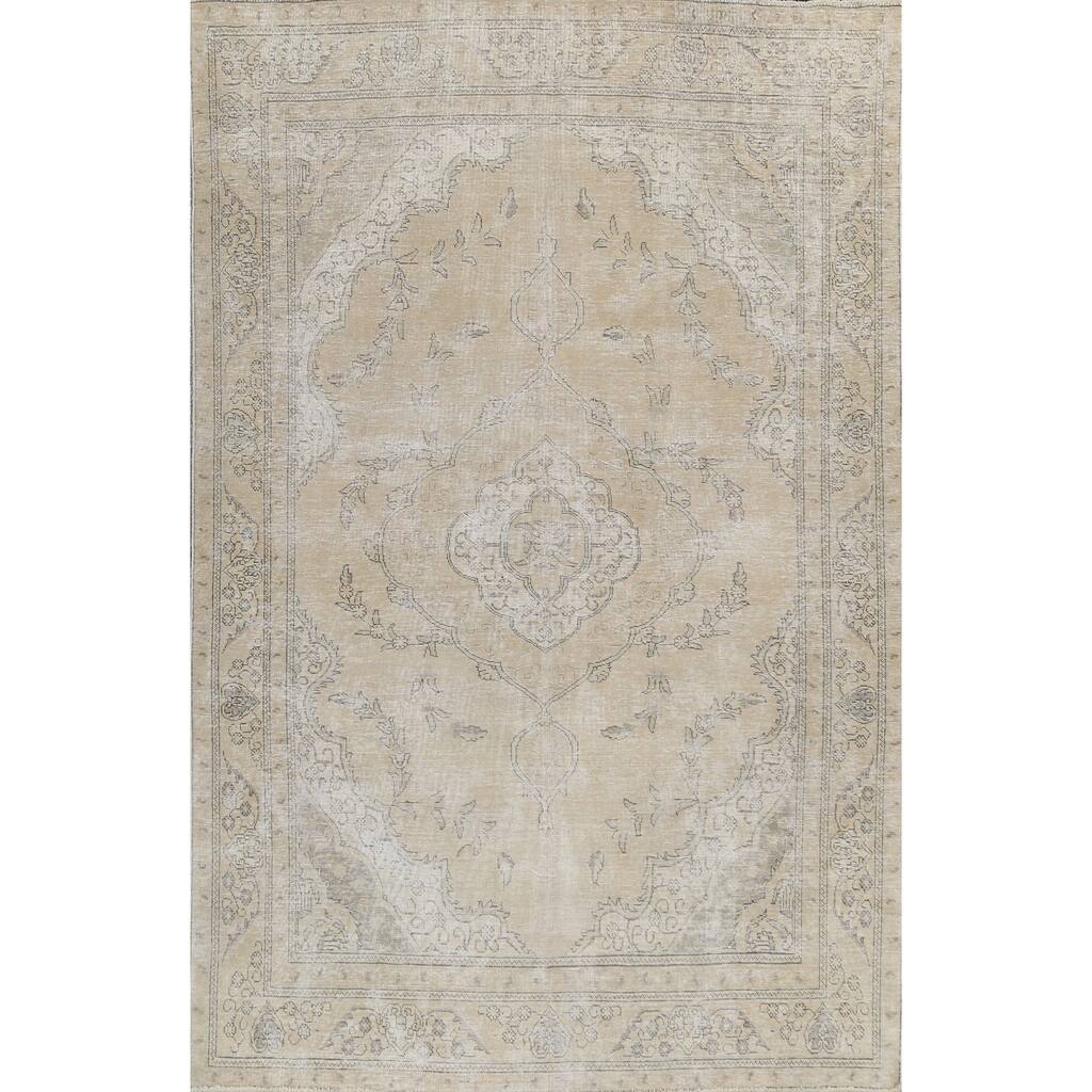 Muted Distressed Floral Tabriz Persian Area Rug Handmade Wool Carpet - 7'11" x 10'9"