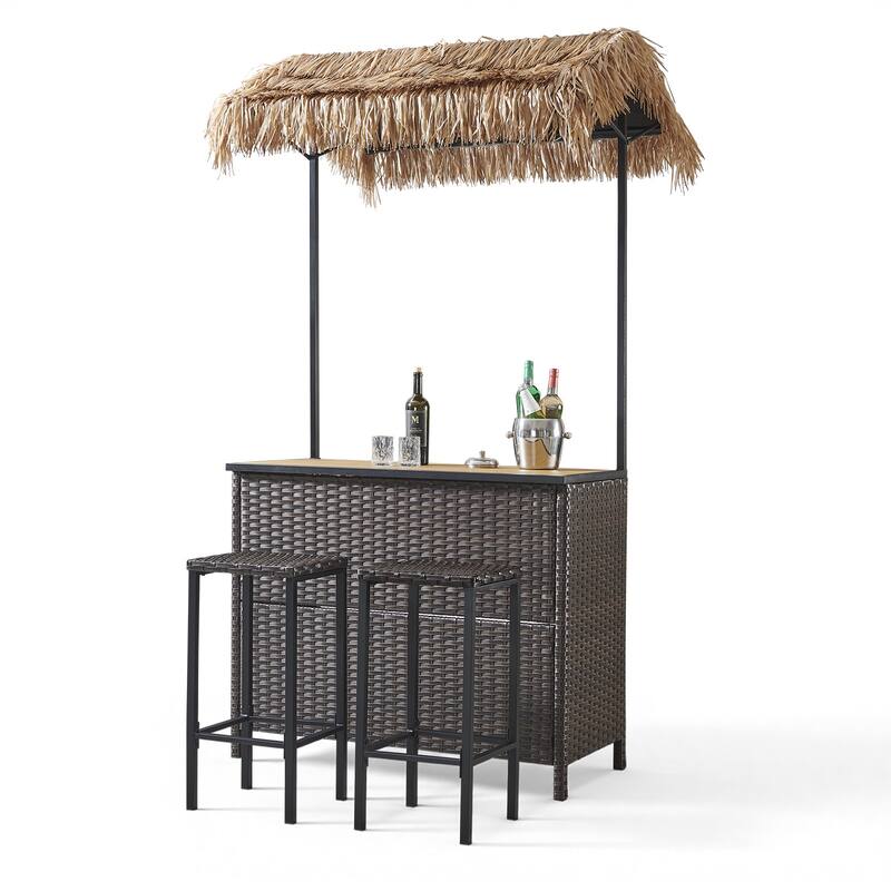 Pocassy Outdoor Patio Tiki Bar Set with 2 Stools Storage for Garden