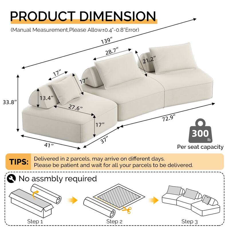 Luxury Oversized Modular Sectional Sofa,139" Chenille Upholstered Couch with Removable Backrests, Convertible Chaise Lounge