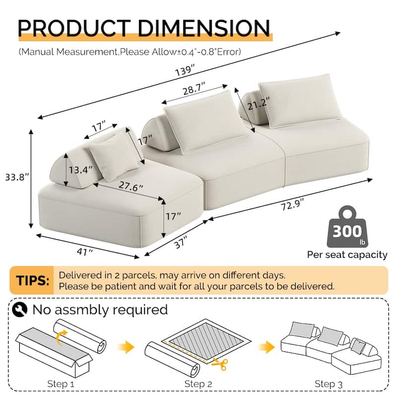 Modern 139" Modular Sectional Sofa Set, DIY Upholstered Fluffy Chenille Sofa, Removable Backrests & Pillows, Deep Seat