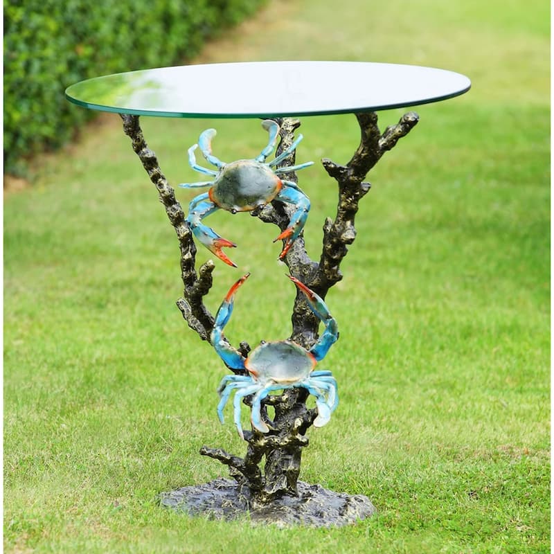 Aluminum Coral And Crab Decorative Glass Top End Table - 21.5 X 22 X 22 inches