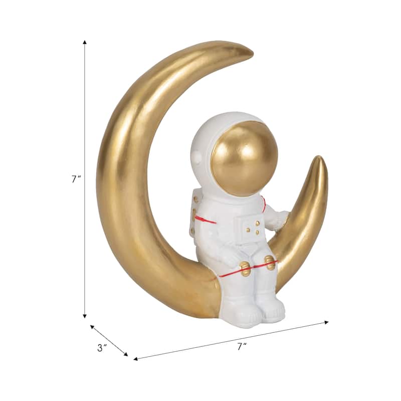 Sagebrook Home Polyresin 7" Space Man on Crescent Moon Figurine in White and Gold - 7" x 3" x 7"