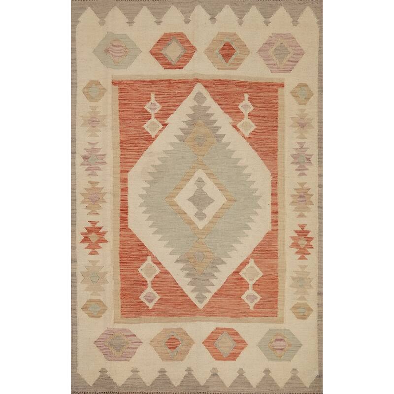 Hand Woven Southwestern Wool Beige Geometric Area Rug - 5' 9'' X 4' 0''