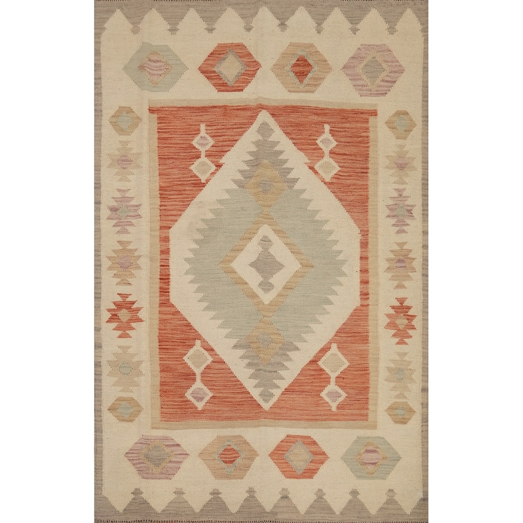 Hand Woven Southwestern Wool Beige Geometric Area Rug - 5' 9'' X 4' 0''