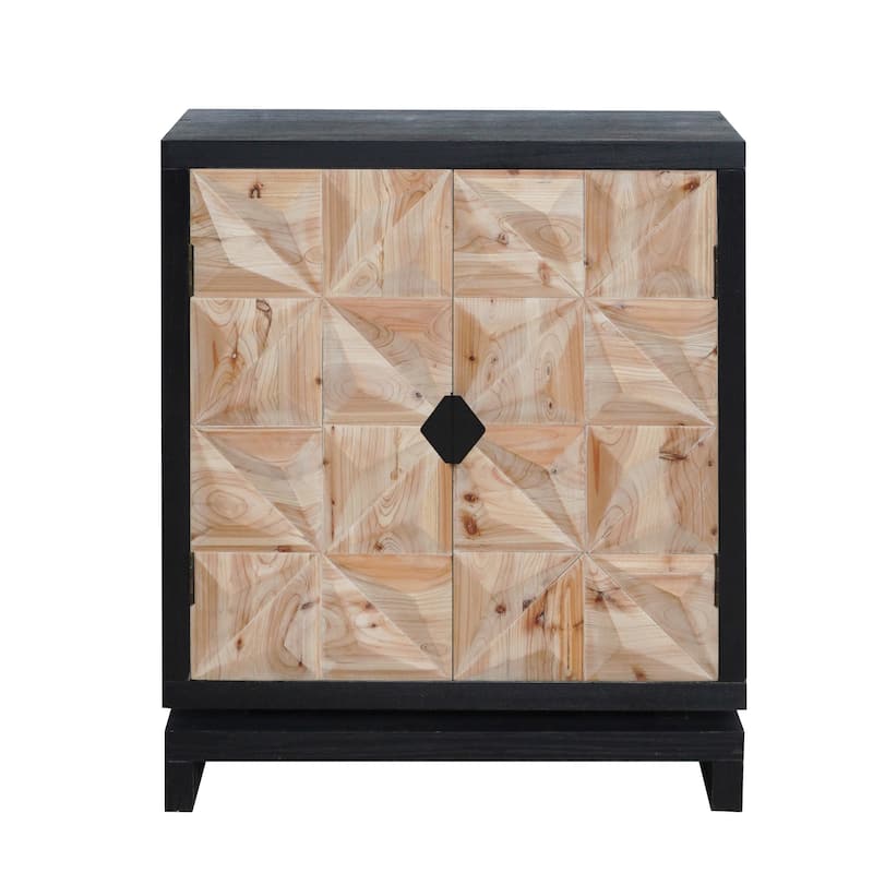 Roomfitters 3D Geometric Carved Double-Door Cabinet, Modern Black and Natural Wood Storage Sideboard