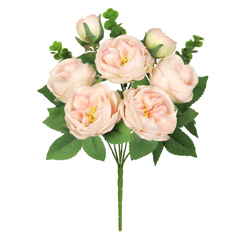 Set of 4 Ivory Pink Artificial Cabbage Rose Flower Stem Bush Bouquet 13in - 13" L x 8" W x 8" DP - Ivory Pink - 13" L x 8" W x 8" DP
