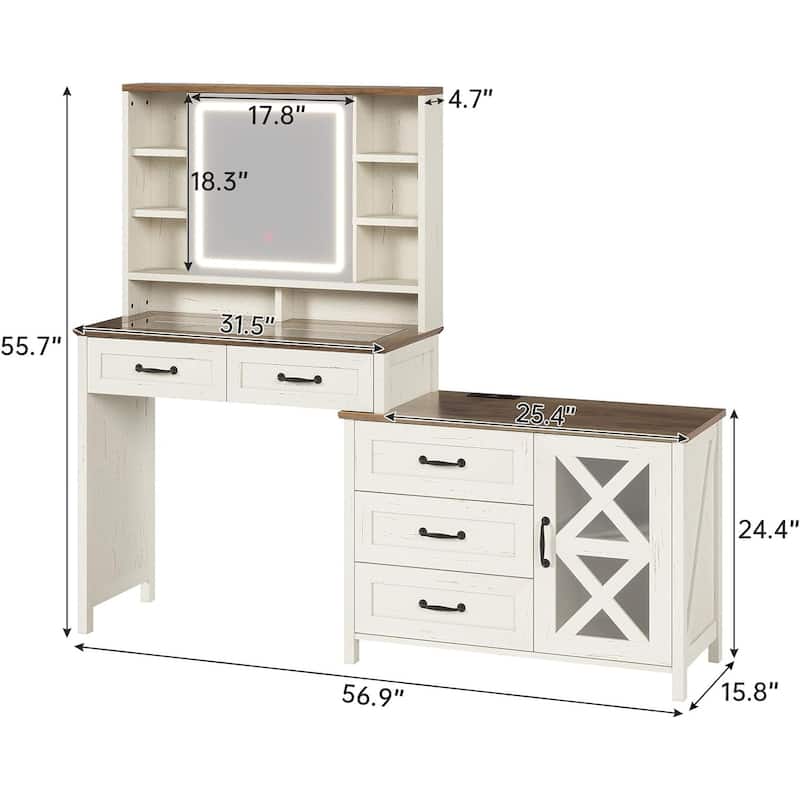 Farmhouse Vanity Desk with Lights & Power Strip Drawers Cabinets